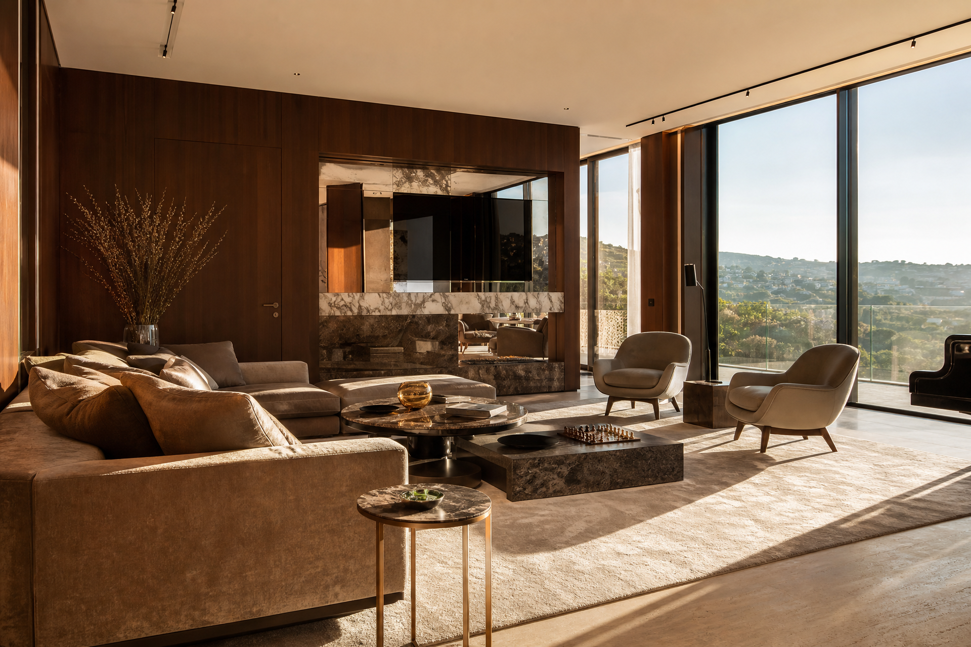 Interior contemporâneo de luxo com madeira nobre e luz natural